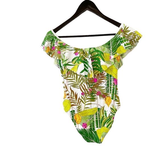Trina Turk Green Fern Pattern Ruffle Shoulder One Piece Bathing Suit. - Picture 4 of 9